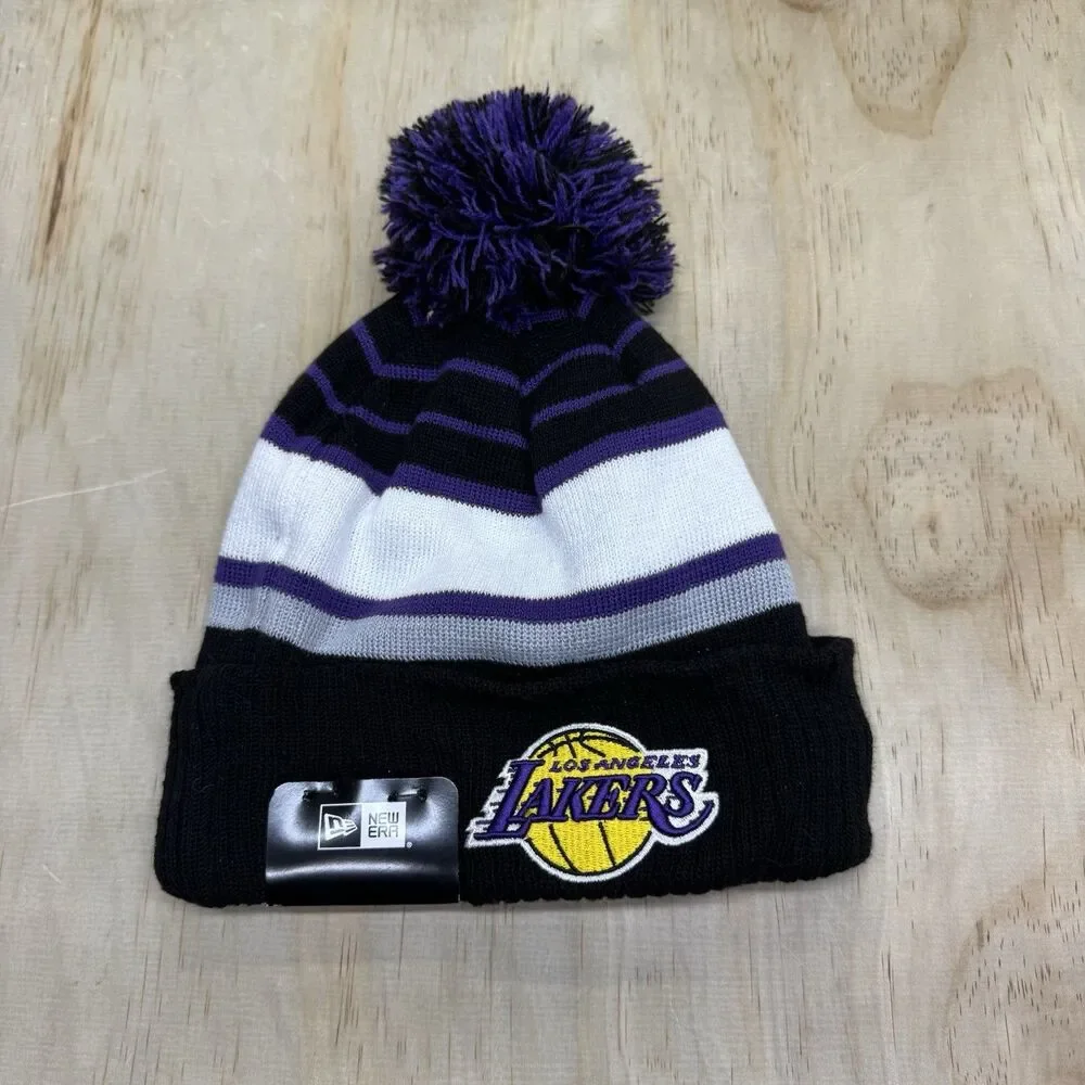 NEW Los Angeles Lakers New Era Black White Stripe Cuffed Pom Knit Hat
